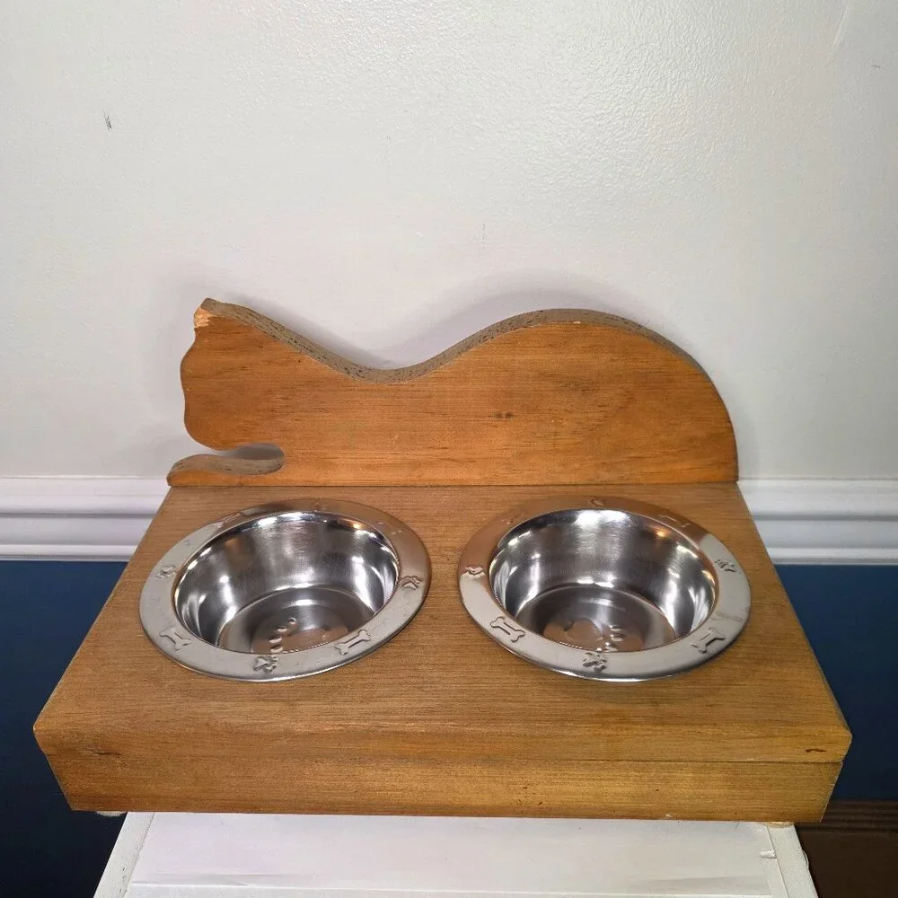 Wooden Elevated Cat Set of Two Metal Feed Bowls